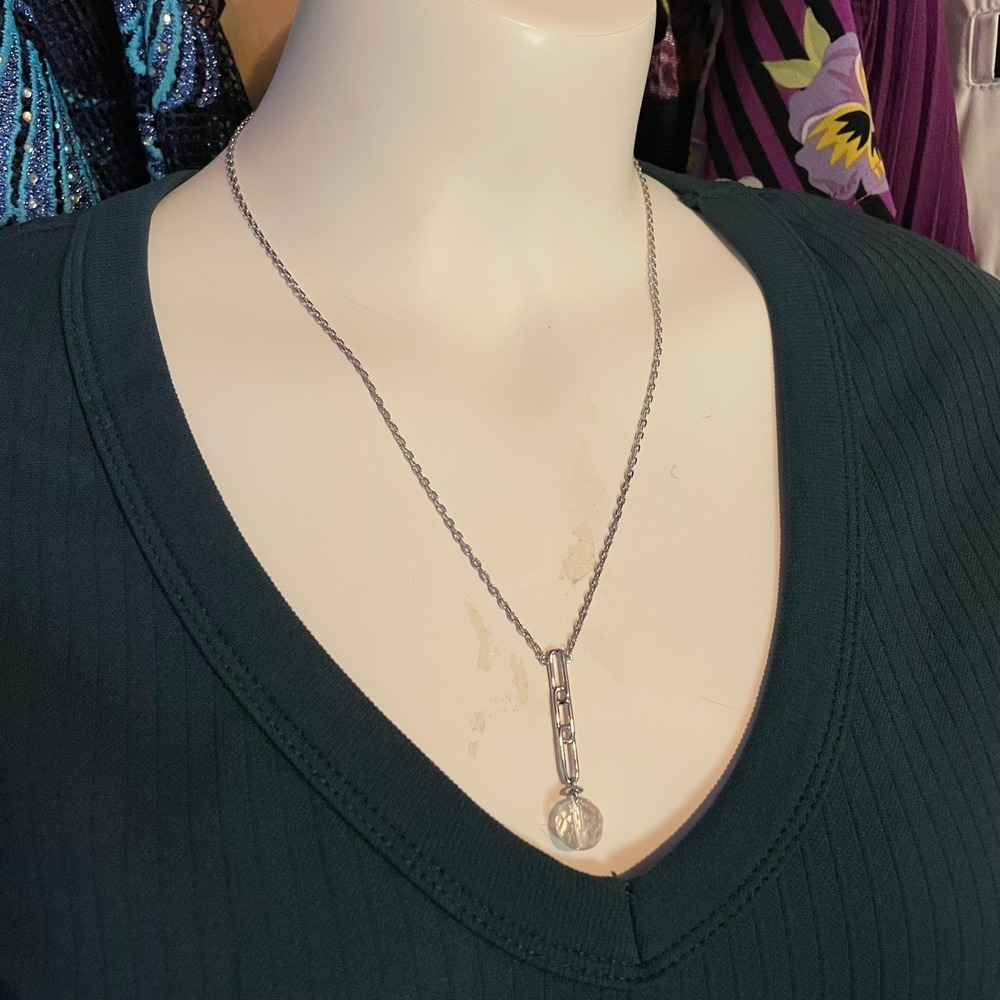 Christopher & Banks Silver Tone Paperclip Bar Faceted Crystal Pendant Necklace